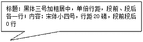 标题:黑体三号加粗居中,单倍行距,段前,段后各一行;内容:宋体小四号