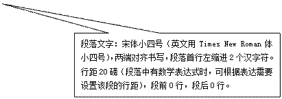 矩形标注: 段落文字：宋体小四号（英文用Times New Roman体小四号），两端对齐书写，段落首行左缩进2个汉字符。行距20磅（段落中有数学表达式时，可根据表达需要设置该段的行距），段前0行，段后0行。