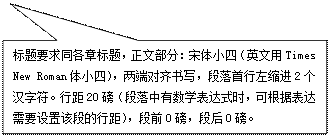 矩形标注: 标题要求同各章标题，正文部分：宋体小四（英文用Times New Roman体小四），两端对齐书写，段落首行左缩进2个汉字符。行距20磅（段落中有数学表达式时，可根据表达需要设置该段的行距），段前0磅，段后0磅。